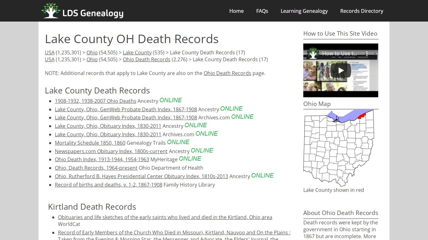 Lake County OH Death Records - LDS Genealogy